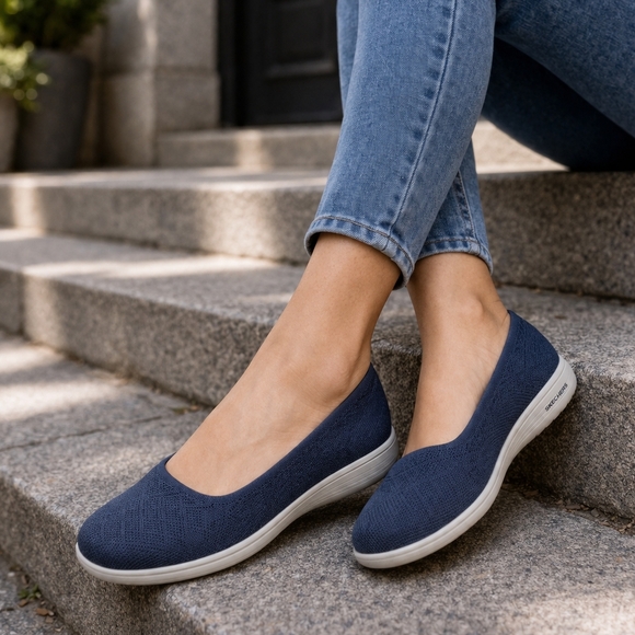 Skechers Shoes - Skechers Navy Knit Slip-On Ballet Flats Size 9 Comfort Cushioned Lightweight